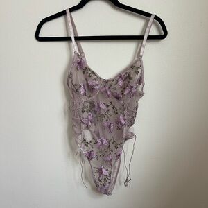 Purple Butterfly Embroidered Mesh Bodysuit